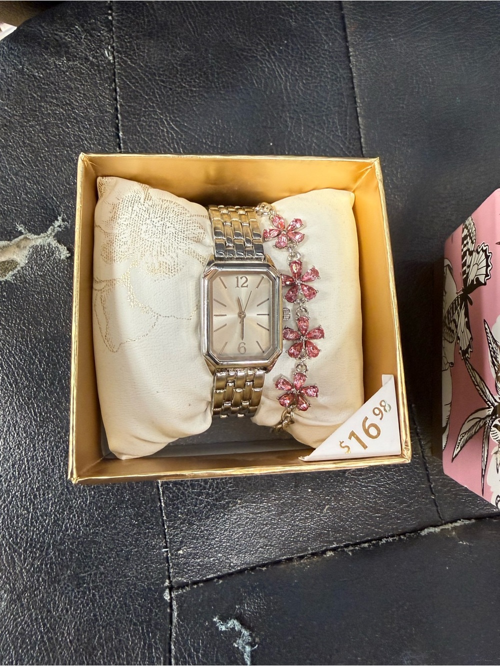 Classic Silver-Tone Women's Bracelet Watch with Pink Crystal Bracelet